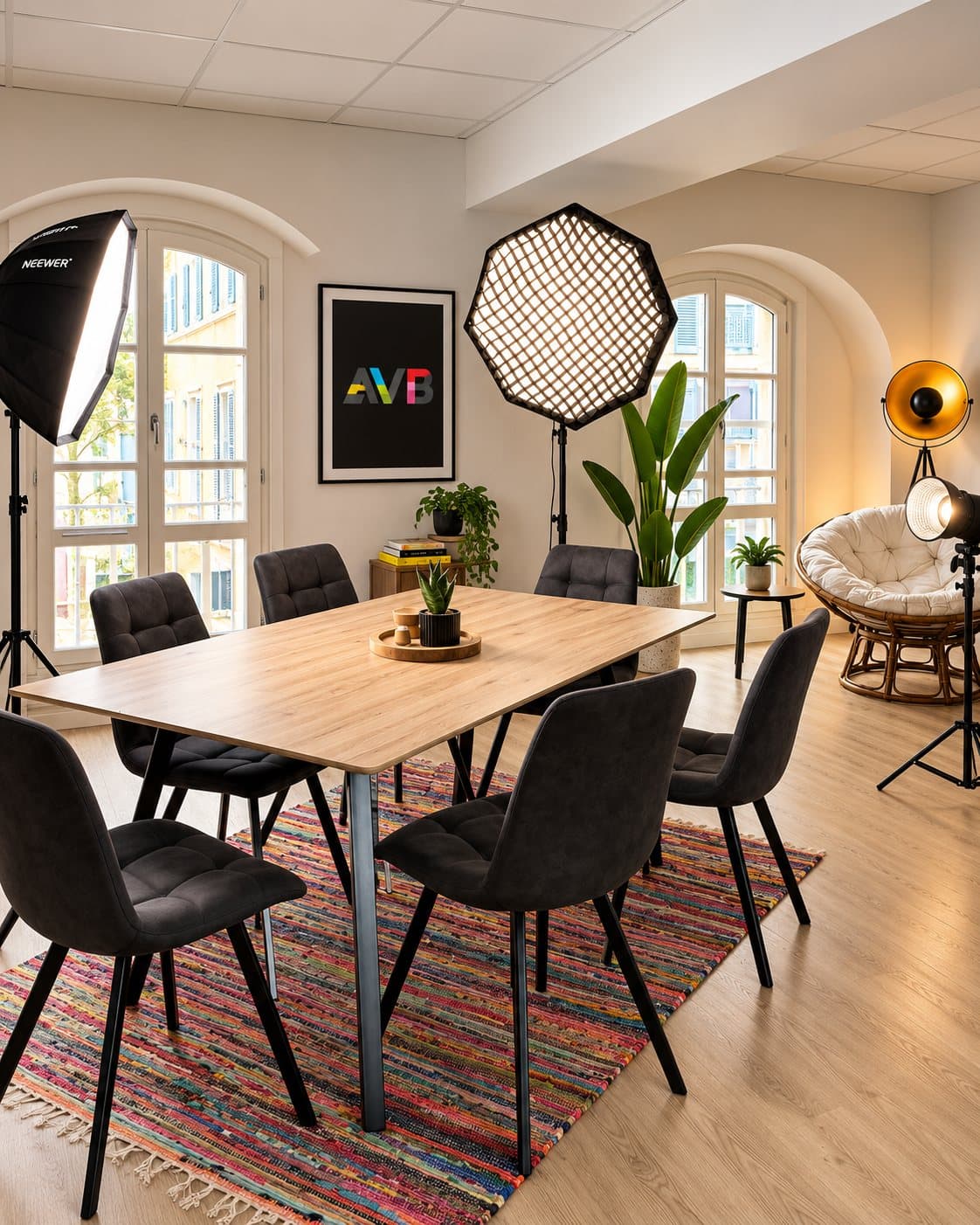 La salle de réunion d'AVB à Pau : table en bois, chaises noires, projecteurs de studio et affiche AVB au mur