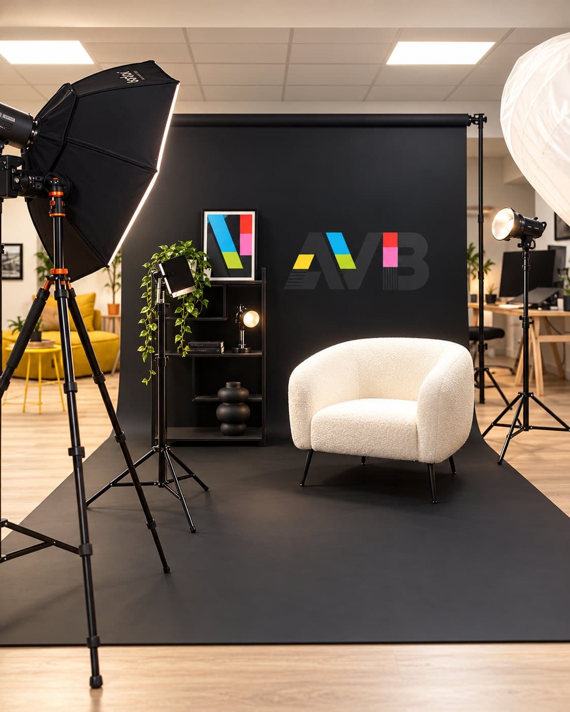 Le plateau de tournage d'AVB à Pau : fond noir, projecteurs, fauteuil blanc et logo AVB