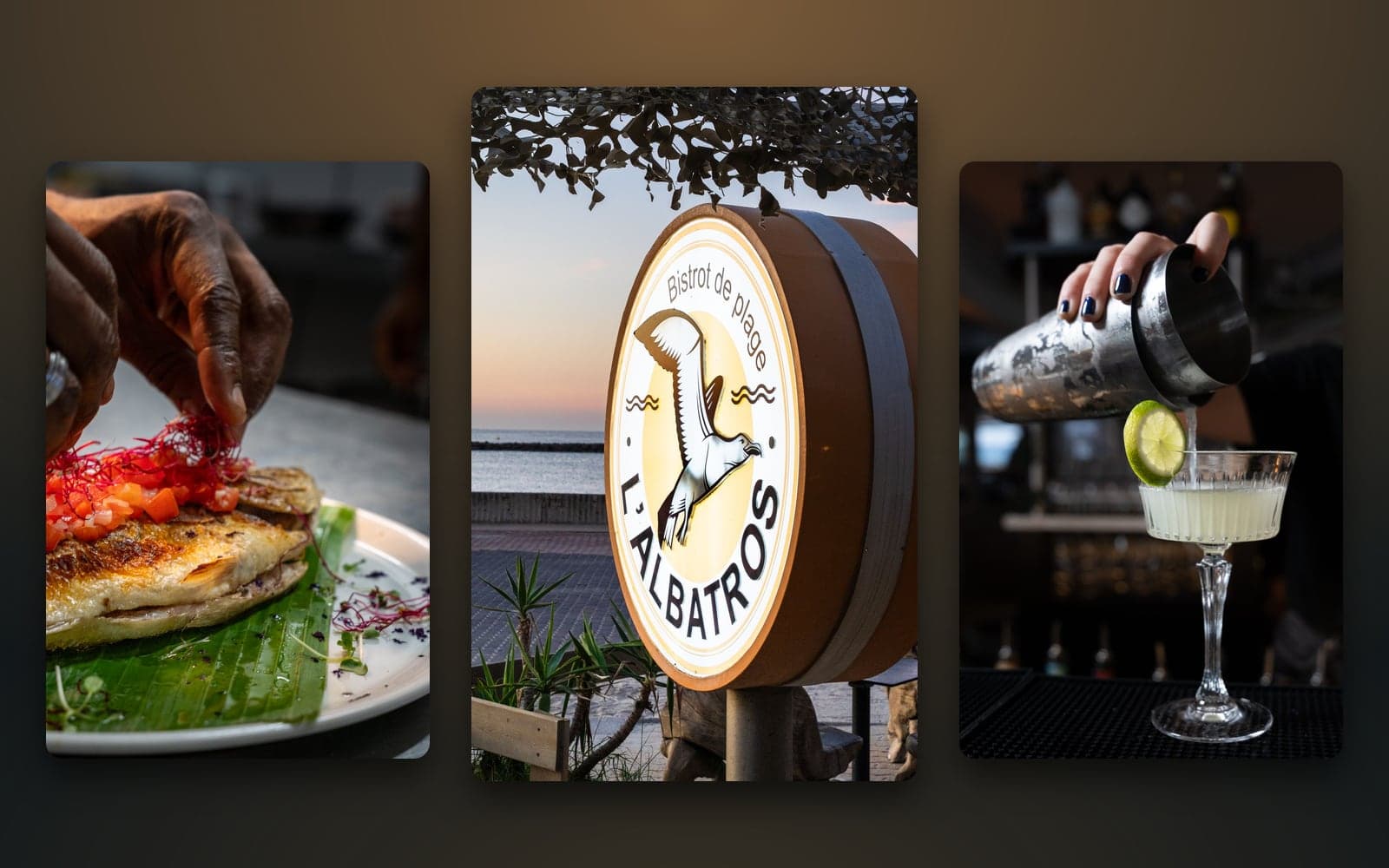 Shooting culinaire de L'Albatros : un chef dresse un poisson grillé, l'enseigne du bistrot face à la mer, un cocktail versé au shaker