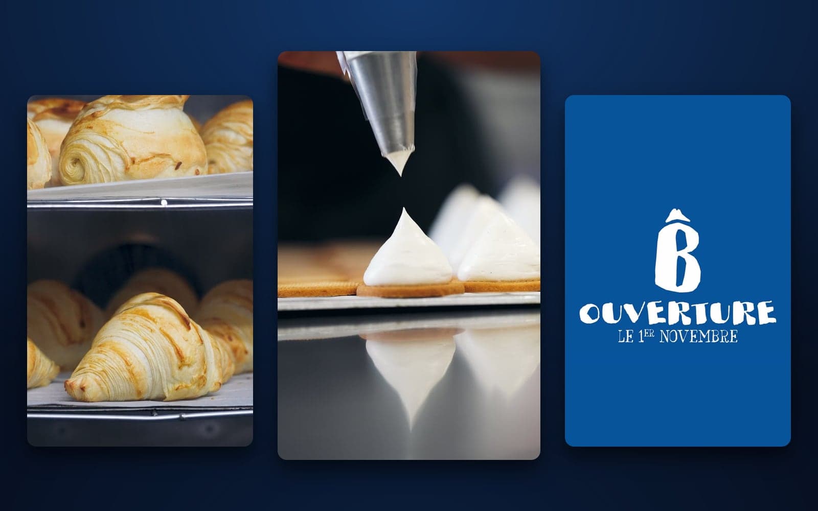 Capsules vidéo de Berôi : croissants à la sortie du four, meringues dressées à la poche, « Ouverture le 1er novembre » sur fond bleu
