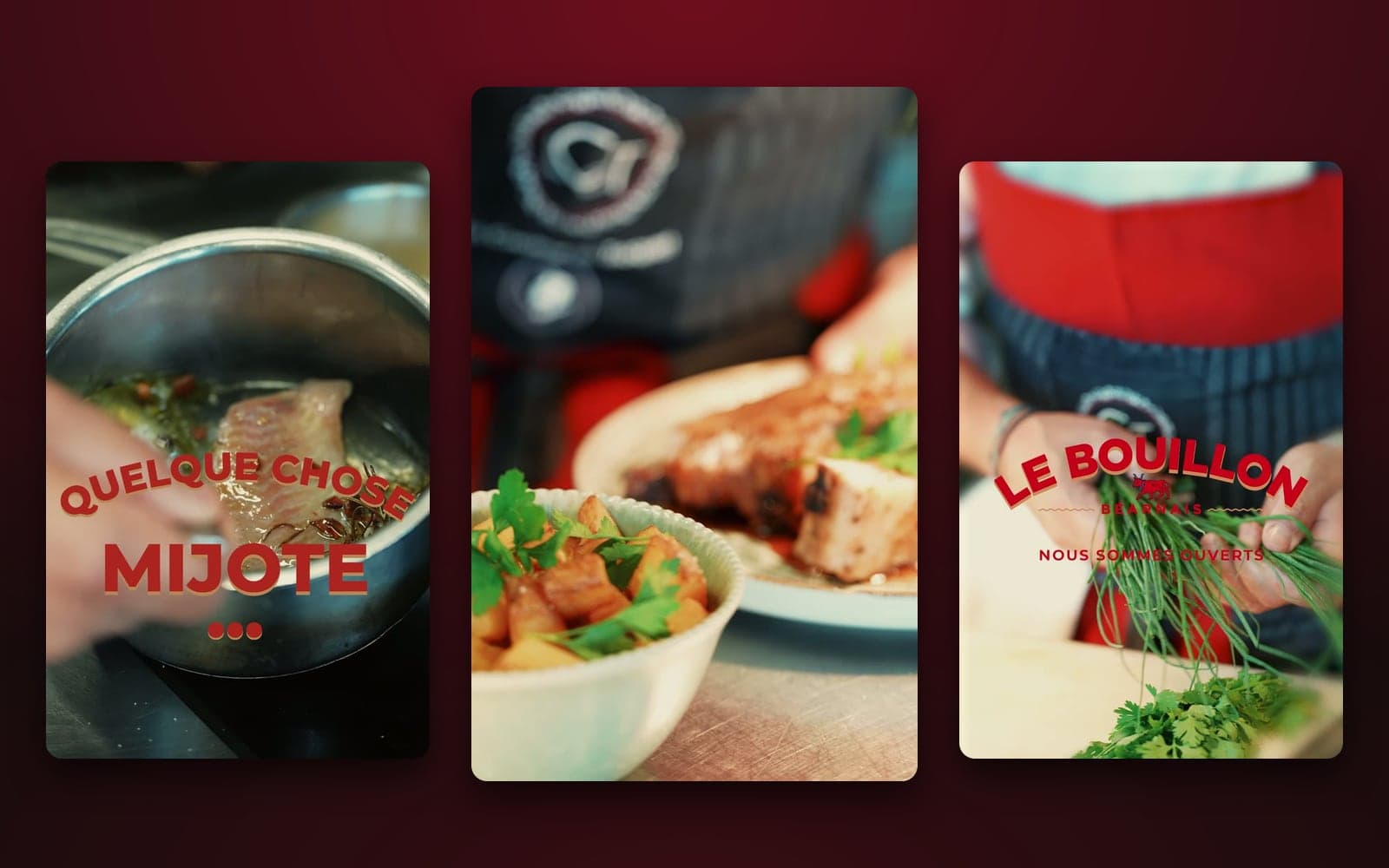 Teasers du Bouillon Béarnais : « Quelque chose mijote » sur une poêle, une assiette et ses pommes de terre, « Nous sommes ouverts »