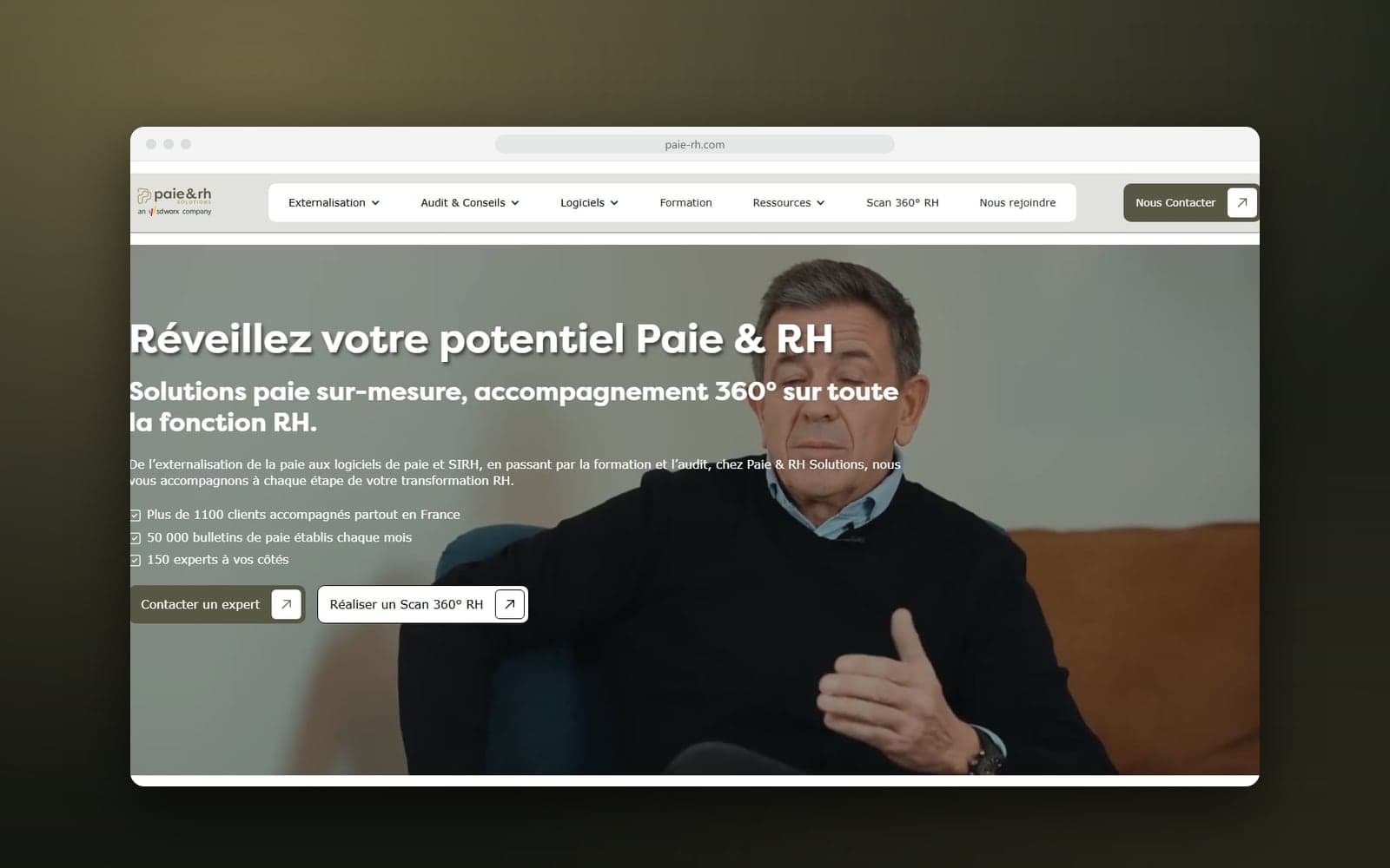 Accueil du site de Paie & RH Solutions : « Réveillez votre potentiel Paie & RH » sur une interview filmée