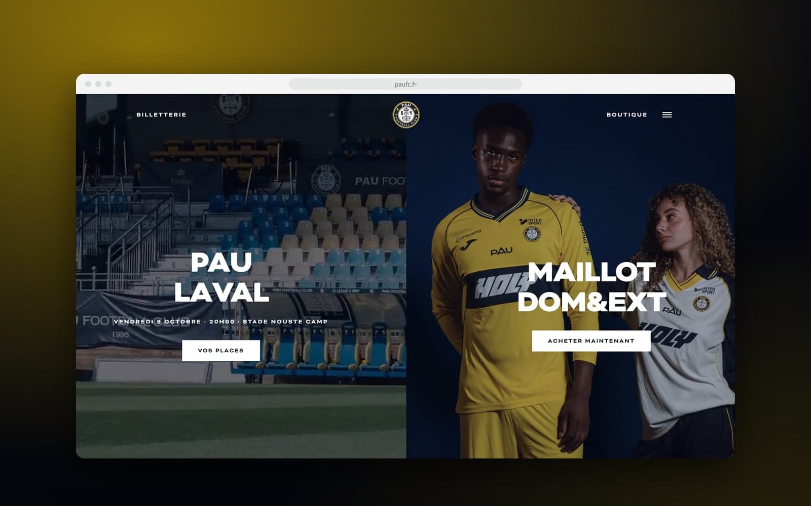 Accueil du site du Pau FC : le match Pau - Laval d'un côté, les maillots domicile et extérieur de l'autre