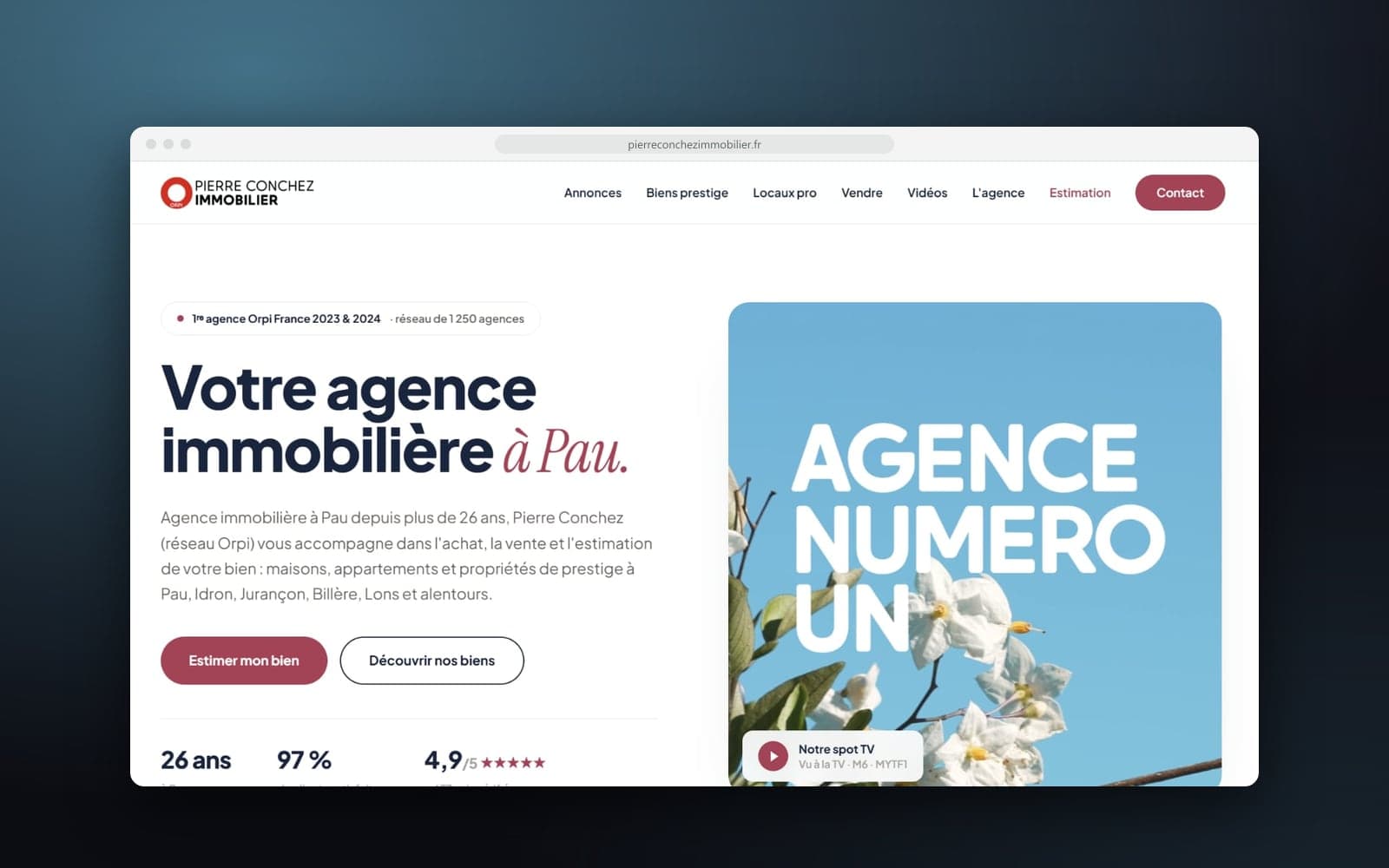 Accueil du site de Pierre Conchez Immobilier : « Votre agence immobilière à Pau » et l'encart de son spot TV