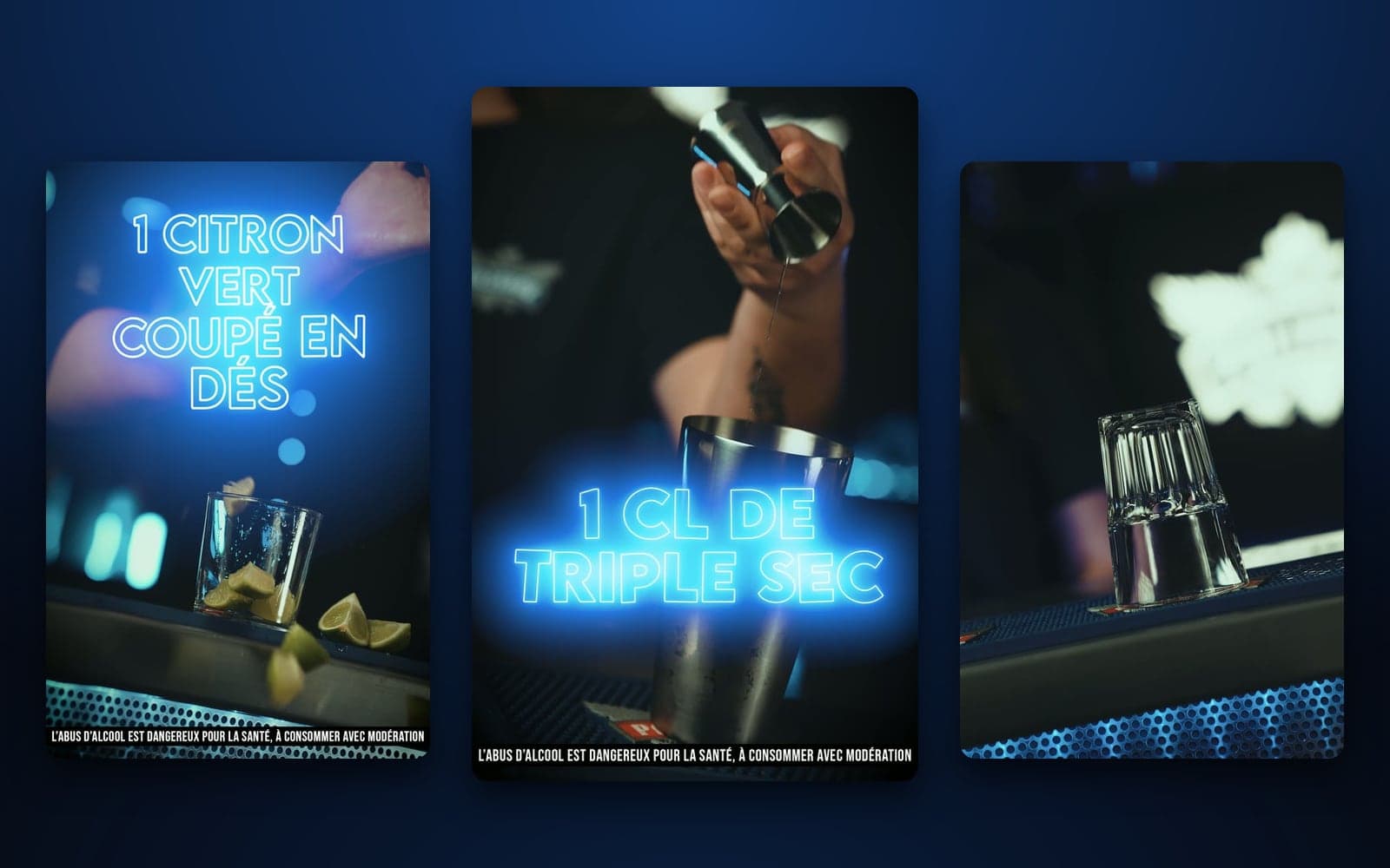 Recettes de cocktails Poliakov en vidéo : citron vert coupé en dés, triple sec versé au doseur, en titres néon bleus