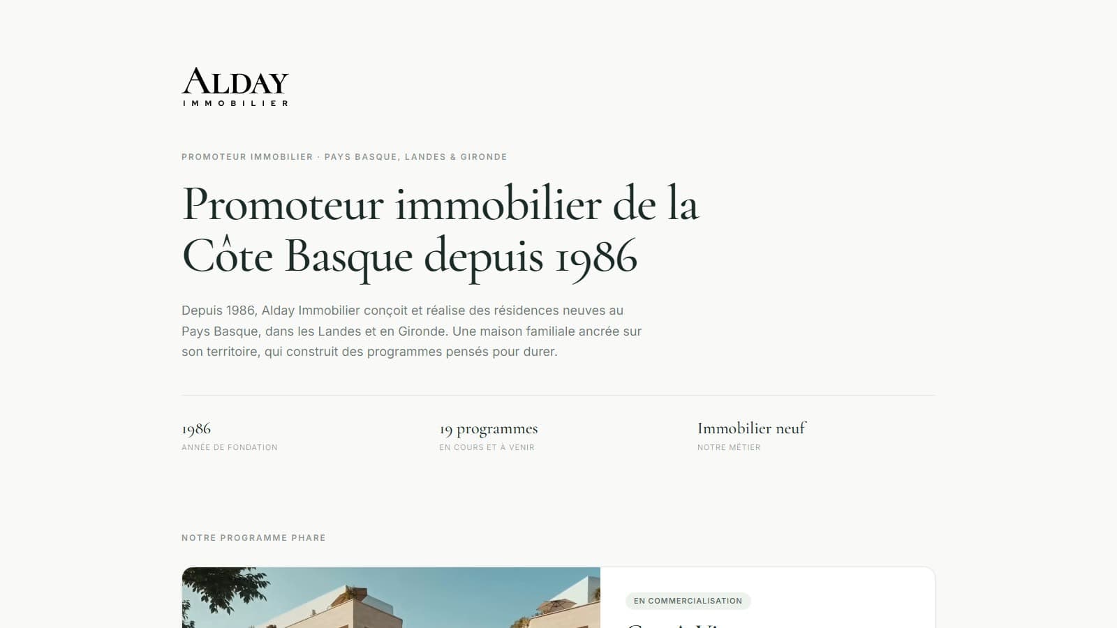 Accueil du site d'Alday Immobilier : « Promoteur immobilier de la Côte Basque depuis 1986 »