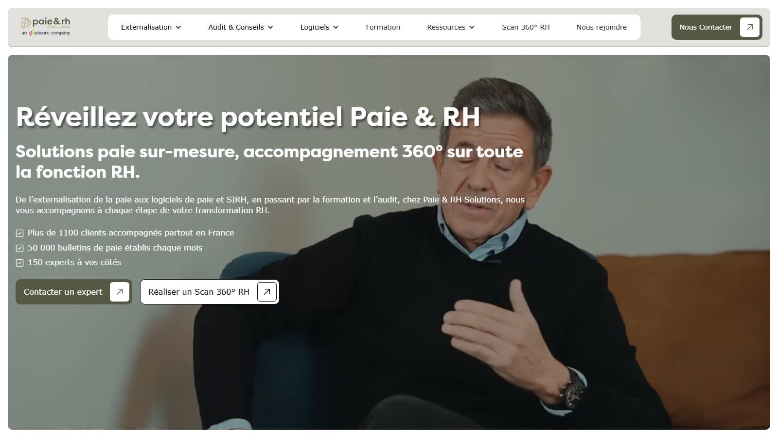Accueil du site de Paie & RH Solutions : « Réveillez votre potentiel Paie & RH » sur une interview filmée