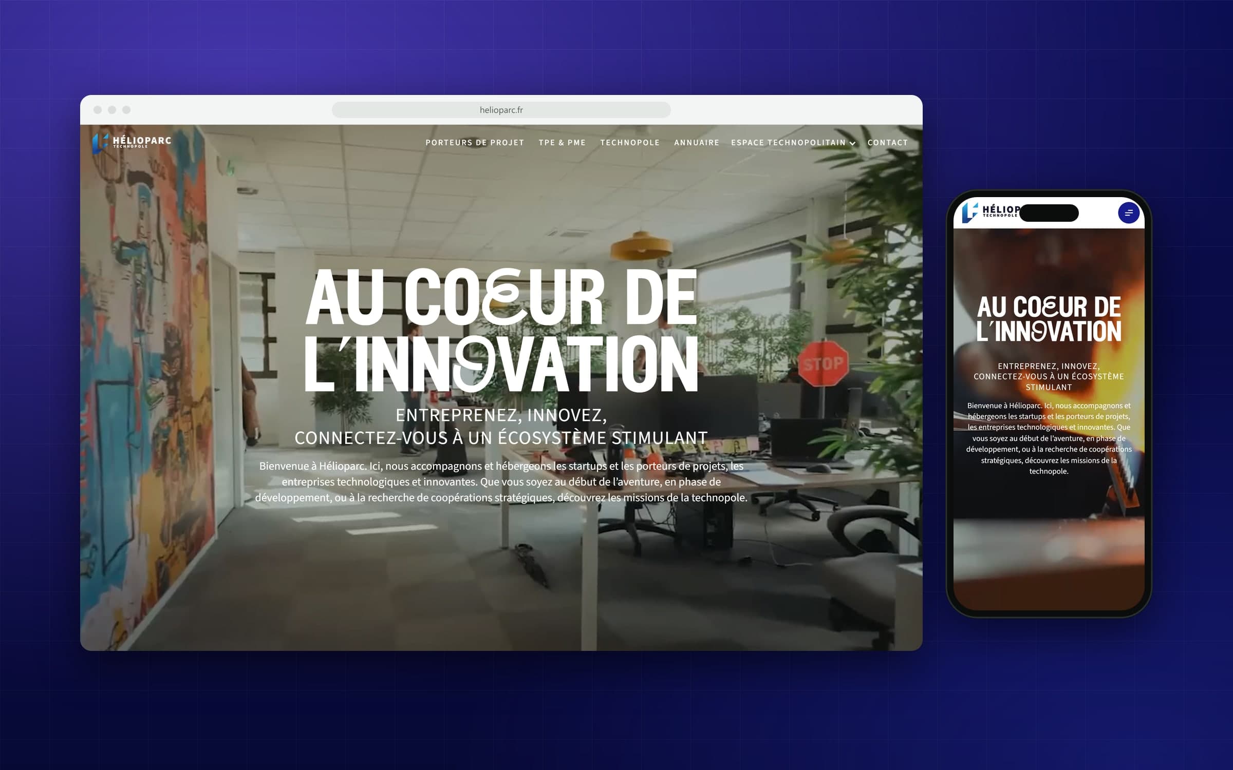 Site d'Hélioparc sur ordinateur et sur mobile : « Au cœur de l'innovation » sur la vidéo du campus