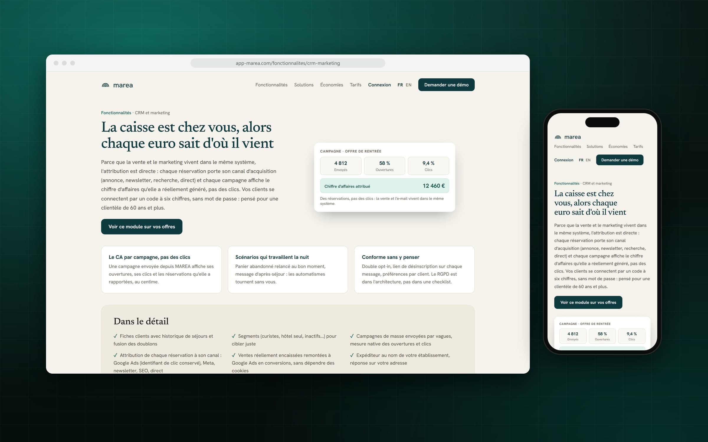 Page CRM et marketing du site de MAREA : « La caisse est chez vous, alors chaque euro sait d'où il vient », sur ordinateur et sur mobile
