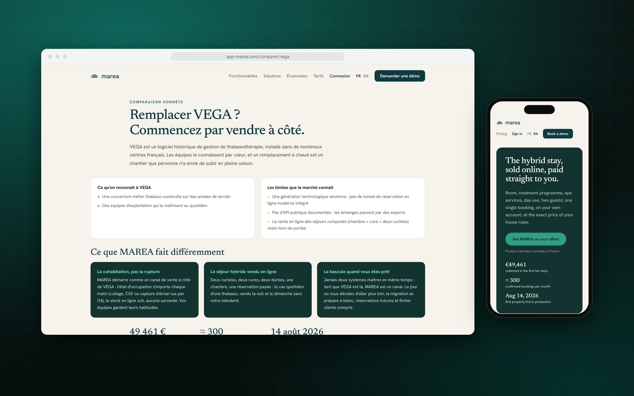 Site de MAREA : le comparatif « Remplacer VEGA ? Commencez par vendre à côté » sur ordinateur, la version anglaise sur mobile