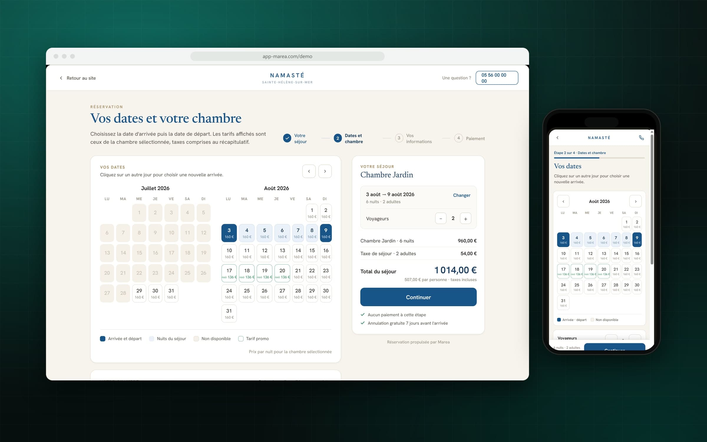 Tunnel MAREA sur la démo Namasté, sur ordinateur et sur mobile : calendrier avec le prix de chaque nuit, récapitulatif de la Chambre Jardin