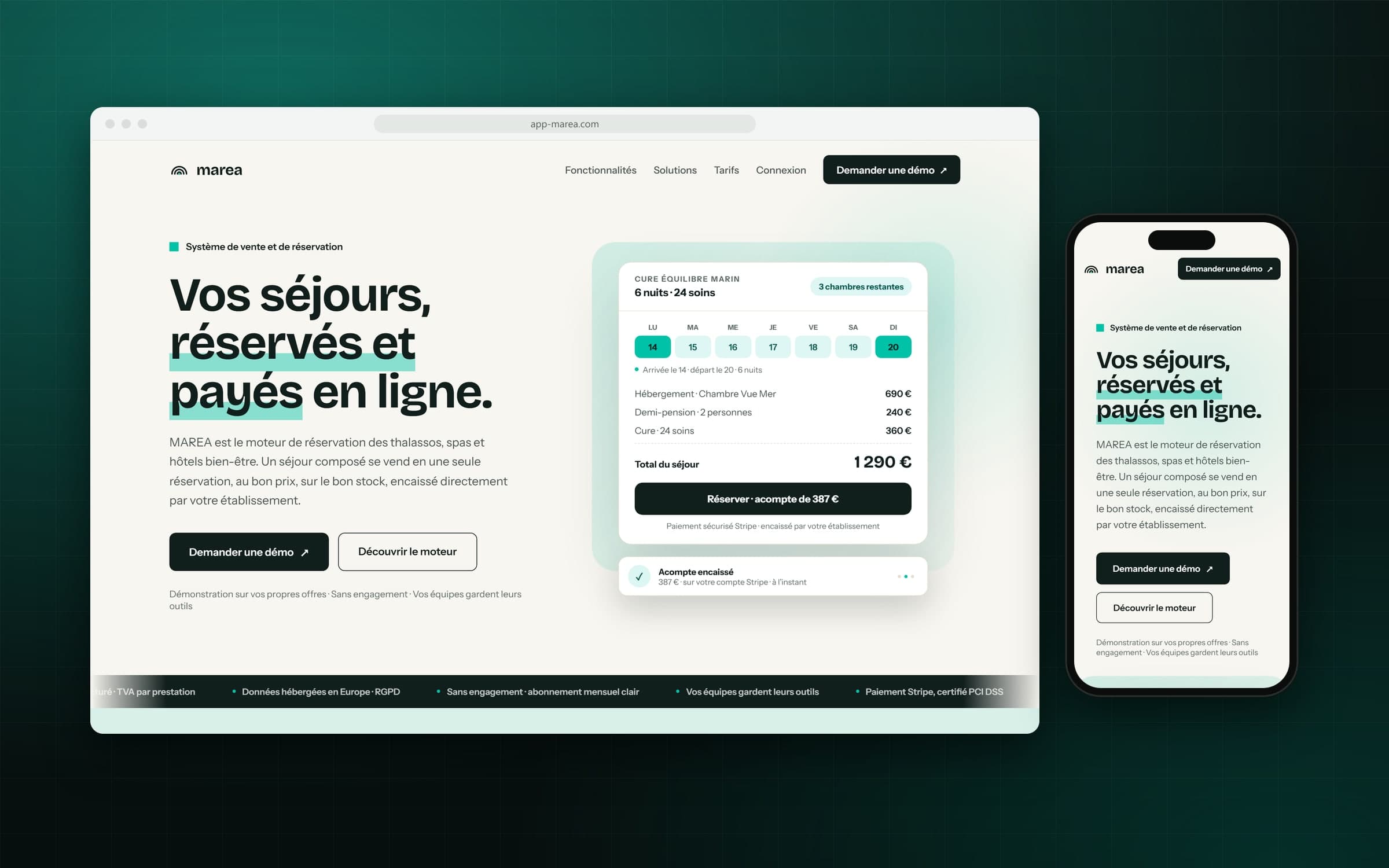 Site de MAREA sur ordinateur et sur mobile : « Vos séjours, réservés et payés en ligne », avec un séjour composé et son acompte
