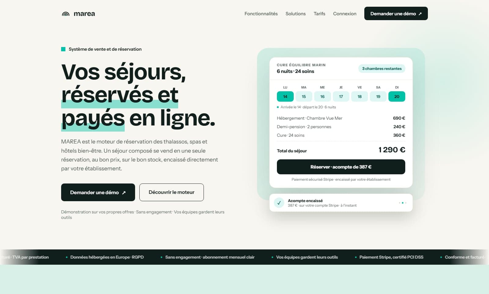 Site de MAREA, le PMS hybride hôtel, thalasso et bien-être : « Vos séjours, réservés et payés en ligne »