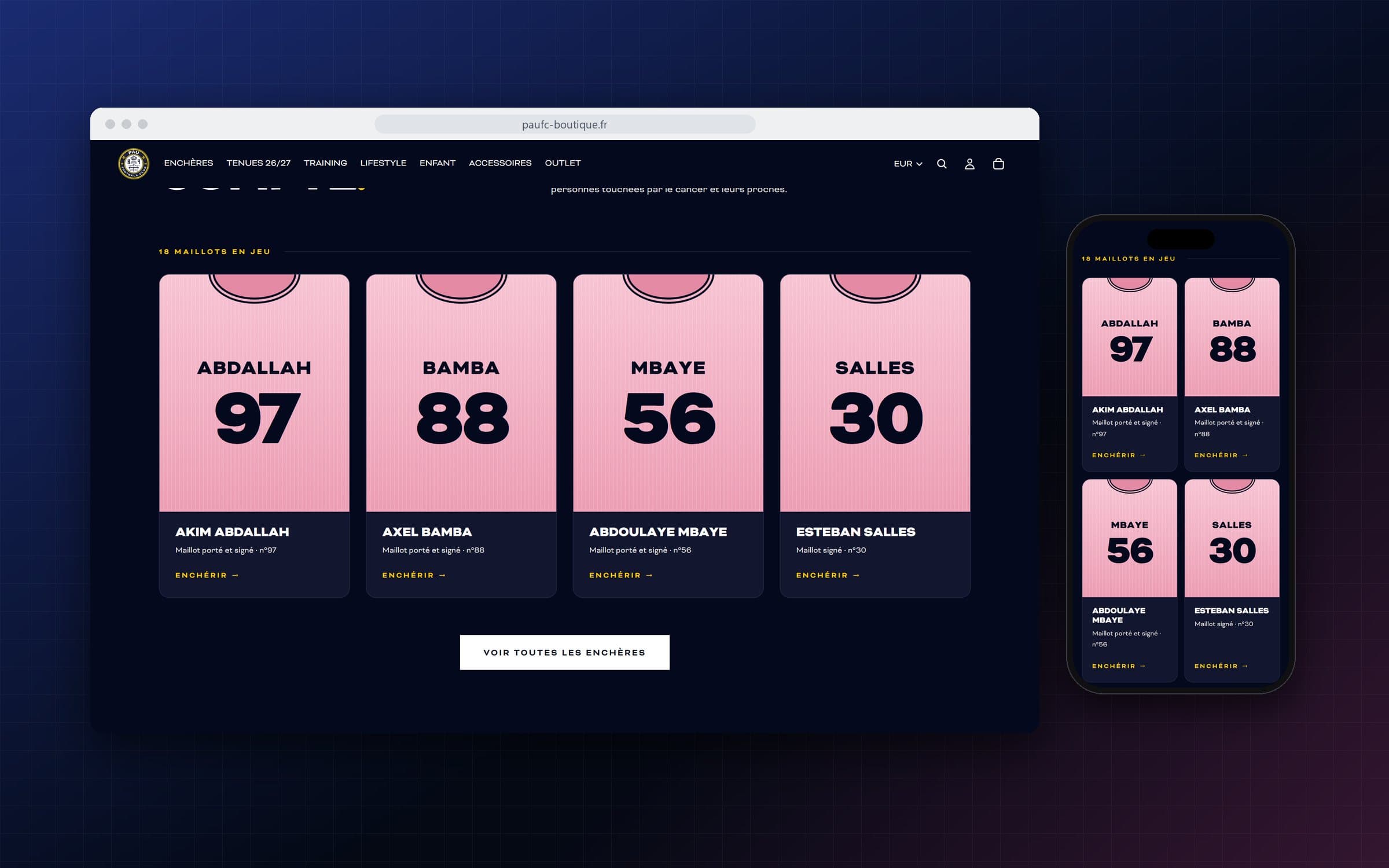 Accueil de la boutique du Pau FC sur ordinateur et sur mobile : quatre maillots roses en dos de maillot, nom et numéro