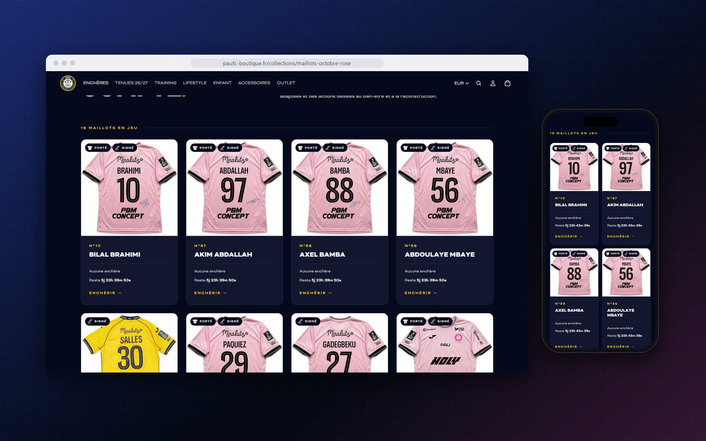 Page des enchères Octobre Rose sur ordinateur et sur mobile : la grille des maillots signés et leurs étiquettes