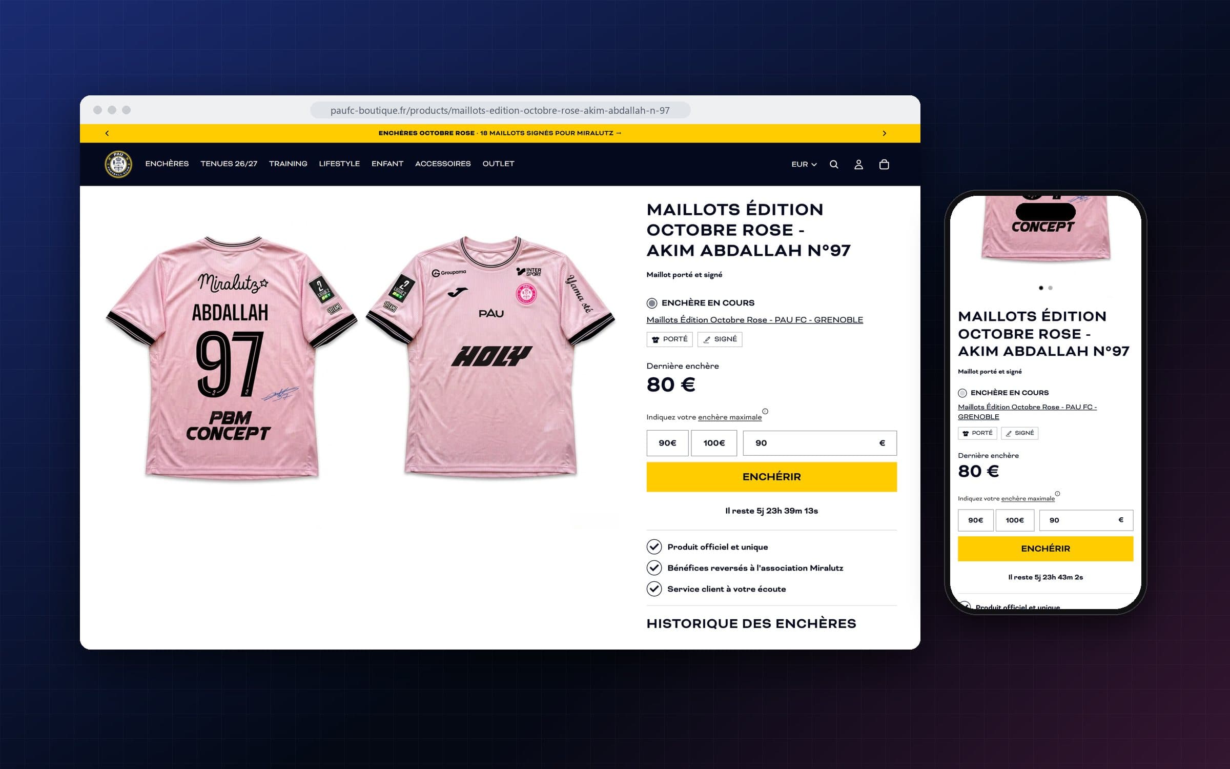 Fiche du maillot d'Akim Abdallah sur ordinateur et sur mobile : photo, dernière enchère et bouton Enchérir