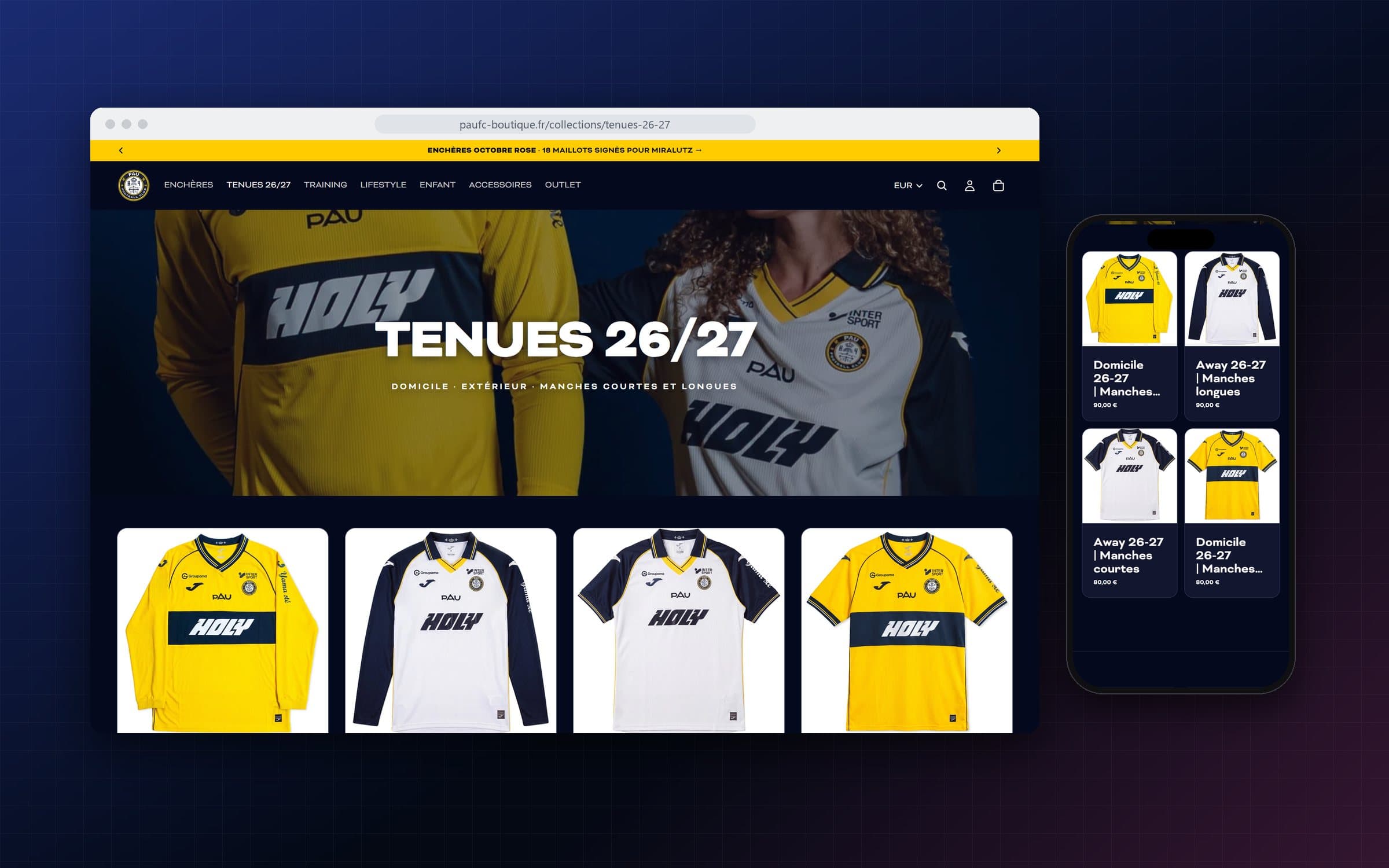 Collection Tenues 26/27 sur ordinateur et sur mobile : la photo des maillots domicile et extérieur, puis les quatre maillots
