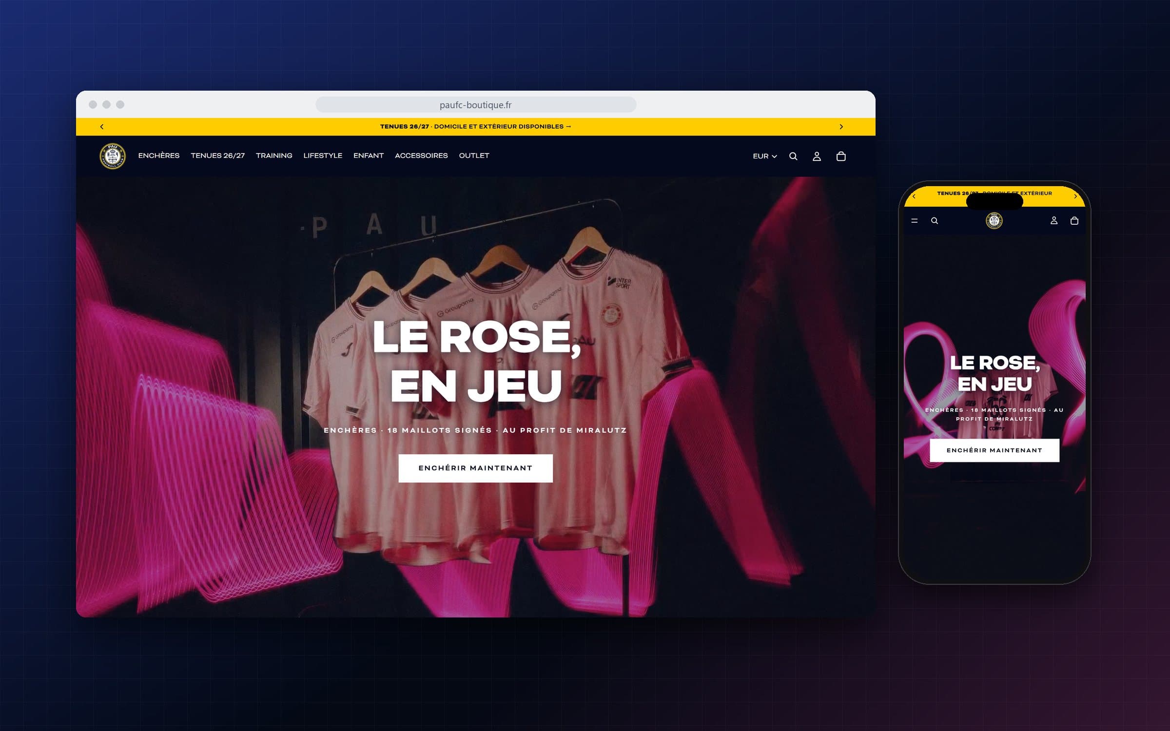 Boutique du Pau FC sur ordinateur et sur mobile : « Le rose, en jeu » sur la vidéo des maillots Octobre Rose