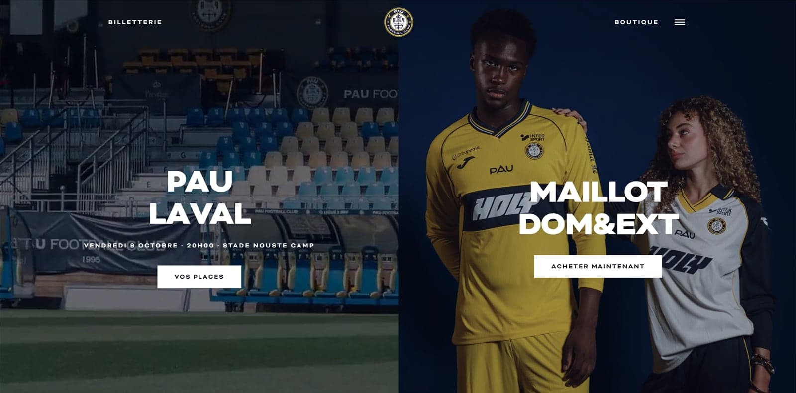 Site officiel du Pau FC : le prochain match d'un côté, les maillots domicile et extérieur de l'autre