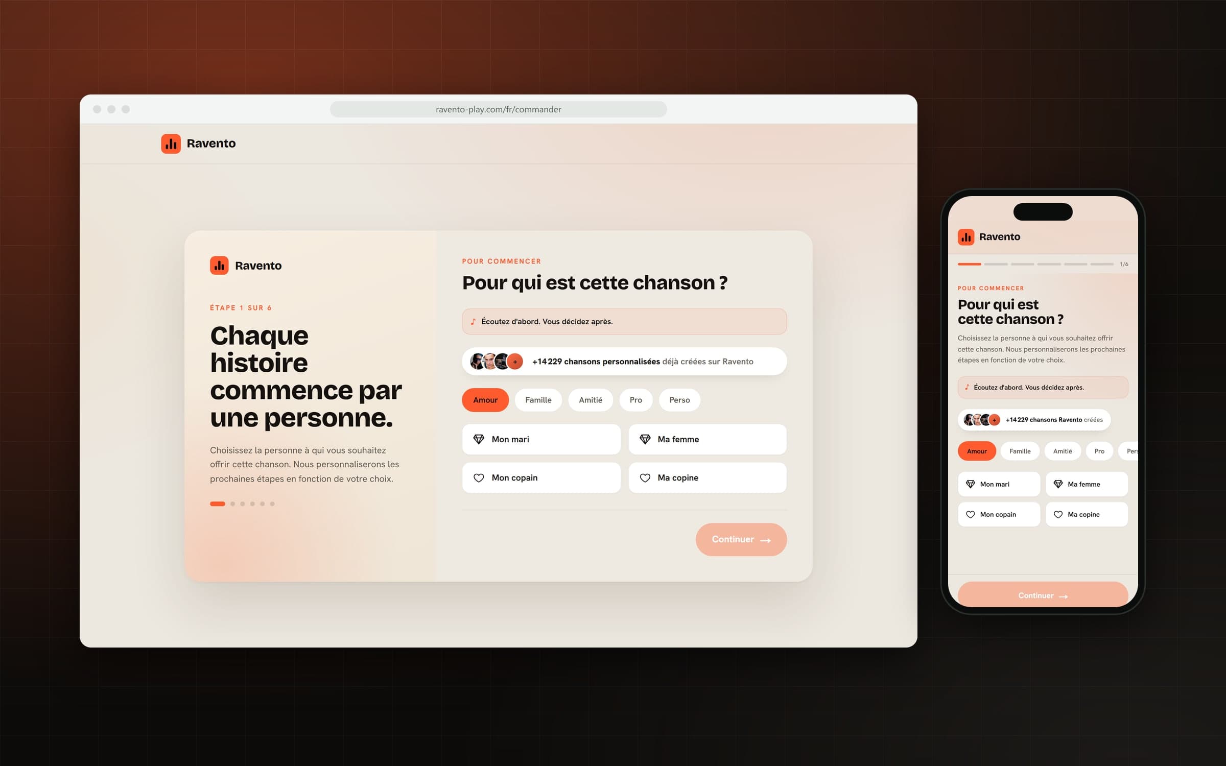 Tunnel de création Ravento sur ordinateur et sur mobile : « Pour qui est cette chanson ? », amour, famille, amitié