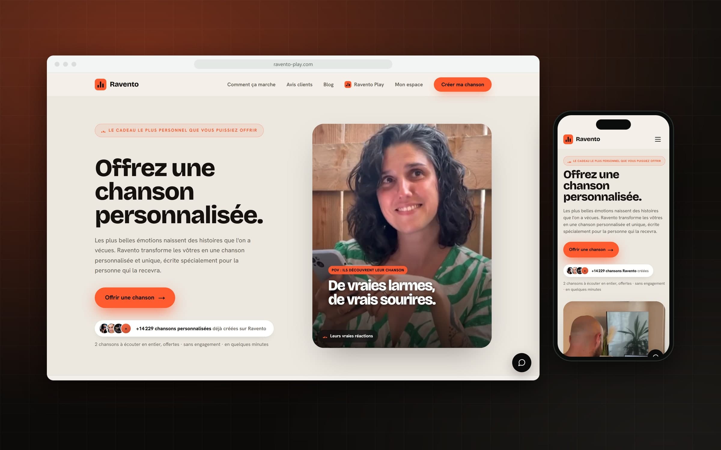 Site Ravento sur ordinateur et sur mobile : « Offrez une chanson personnalisée », avec les vraies réactions en vidéo