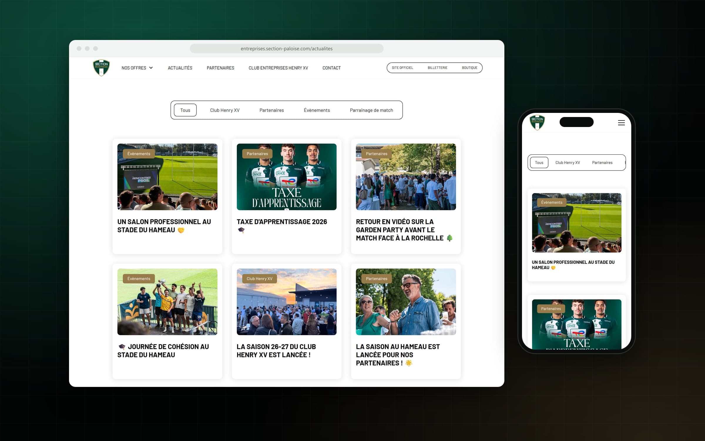 Actualités du site Section Business filtrées par catégorie, sur ordinateur et sur mobile