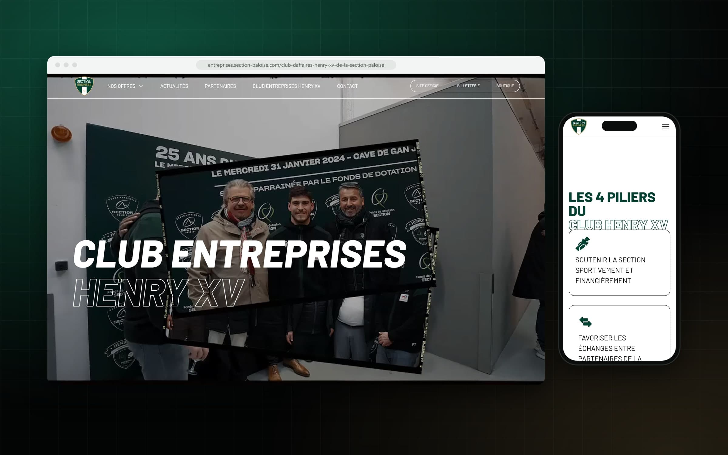 Page du Club Entreprises Henry XV sur ordinateur, les quatre piliers du club sur mobile