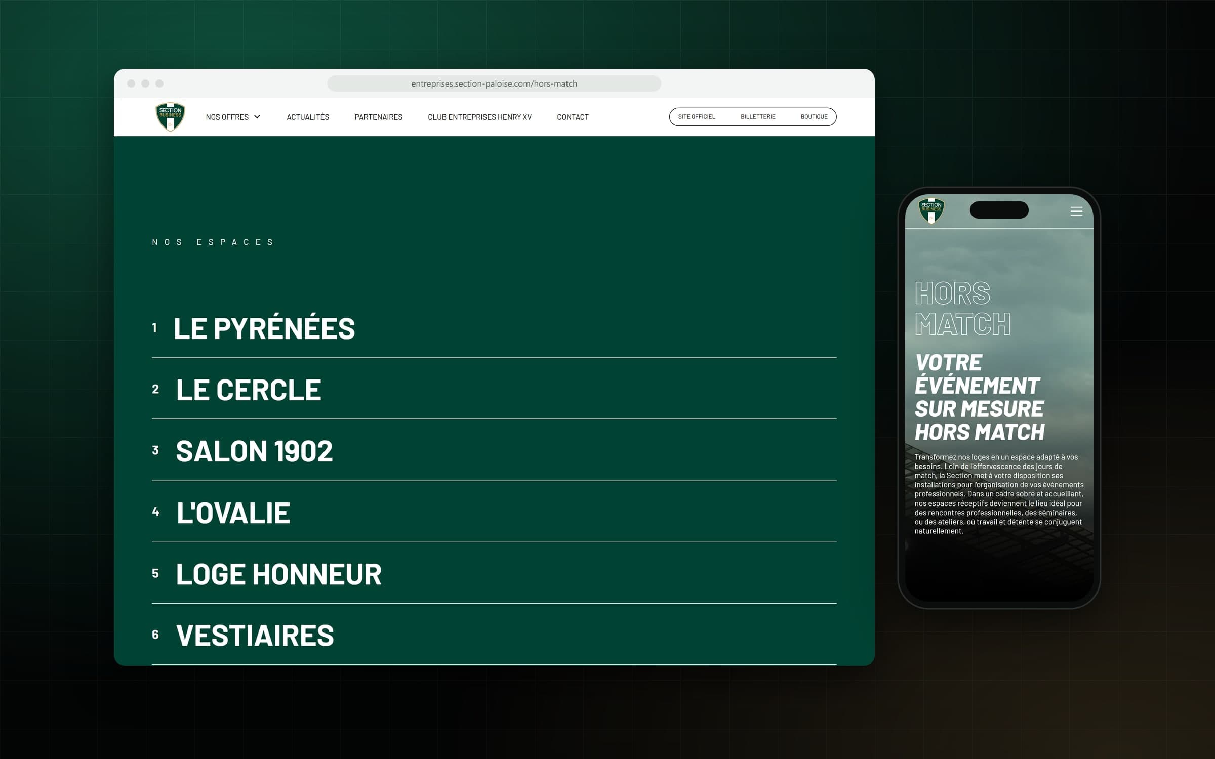Page Hors match du site Section Business : la liste des espaces sur ordinateur, « Votre événement sur mesure hors match » sur mobile