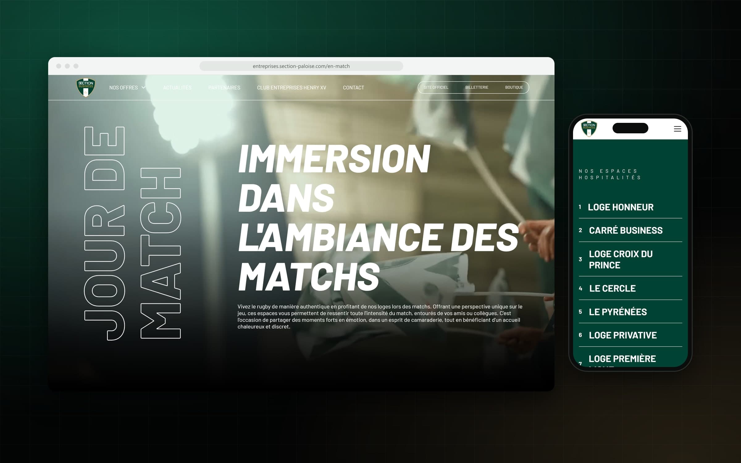 Page Jour de match du site Section Business : « Immersion dans l'ambiance des matchs » sur ordinateur, les huit espaces d'hospitalité sur mobile