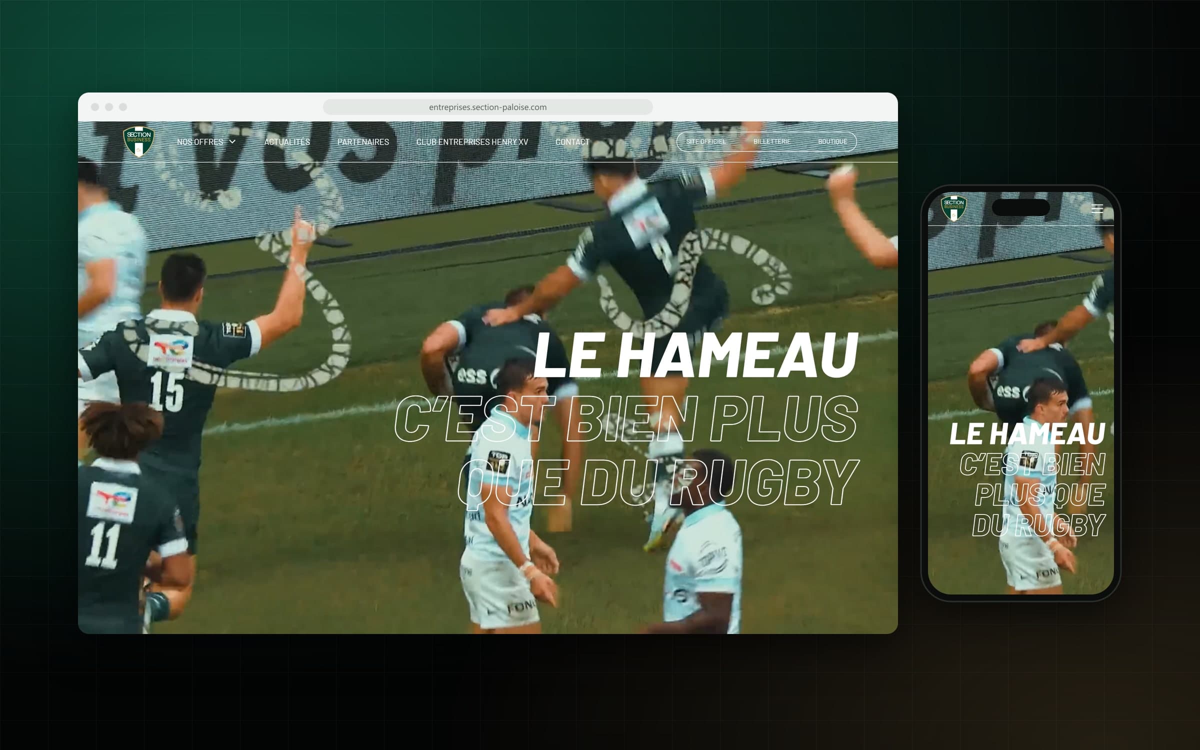 Site Section Business sur ordinateur et sur mobile : « Le Hameau, c'est bien plus que du rugby » sur une vidéo plein écran