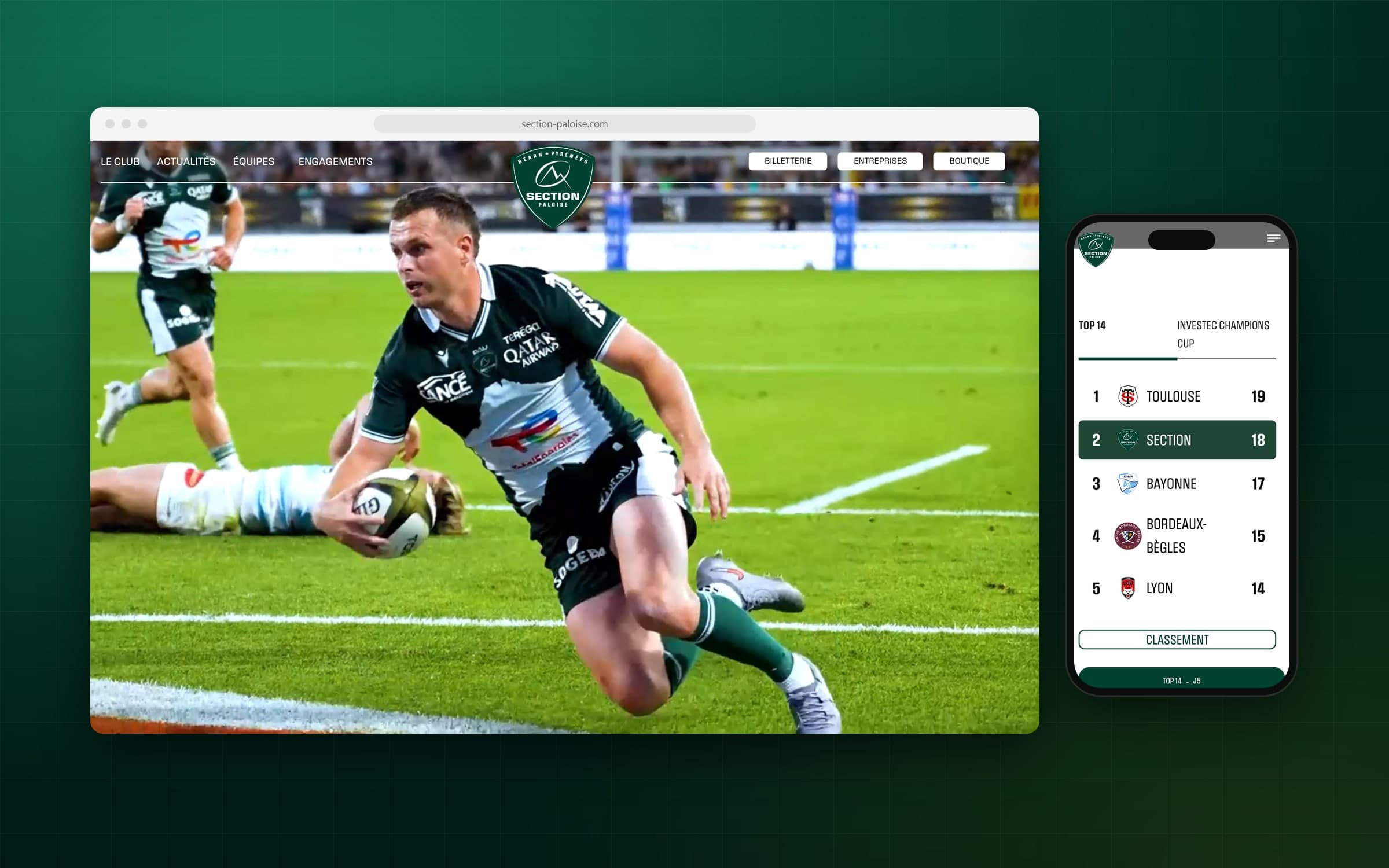 Site de la Section Paloise sur ordinateur et sur mobile : l'accueil et le classement du Top 14