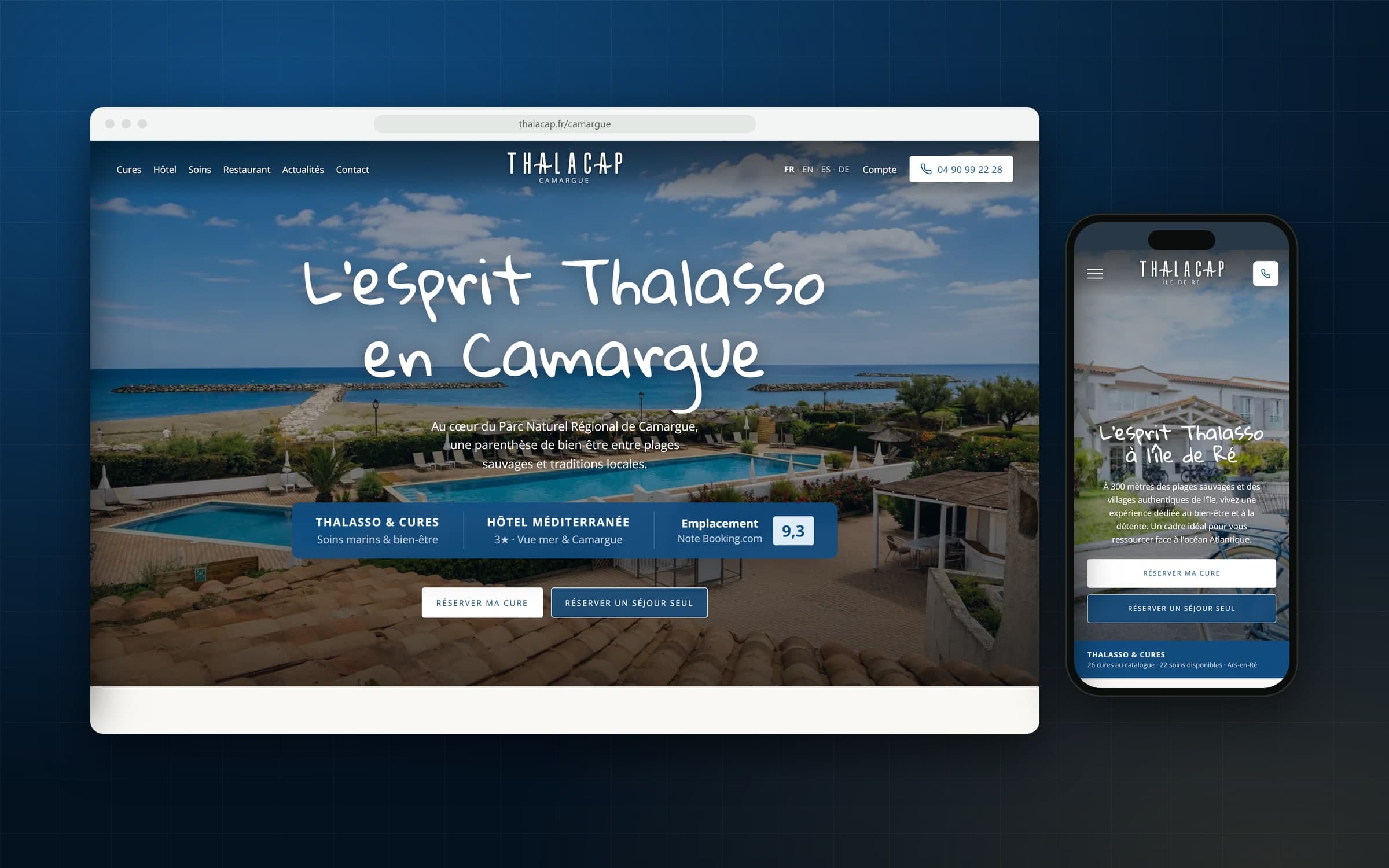 Accueil de Thalacap Camargue sur ordinateur, « L'esprit Thalasso en Camargue », et de Thalacap Île de Ré sur mobile