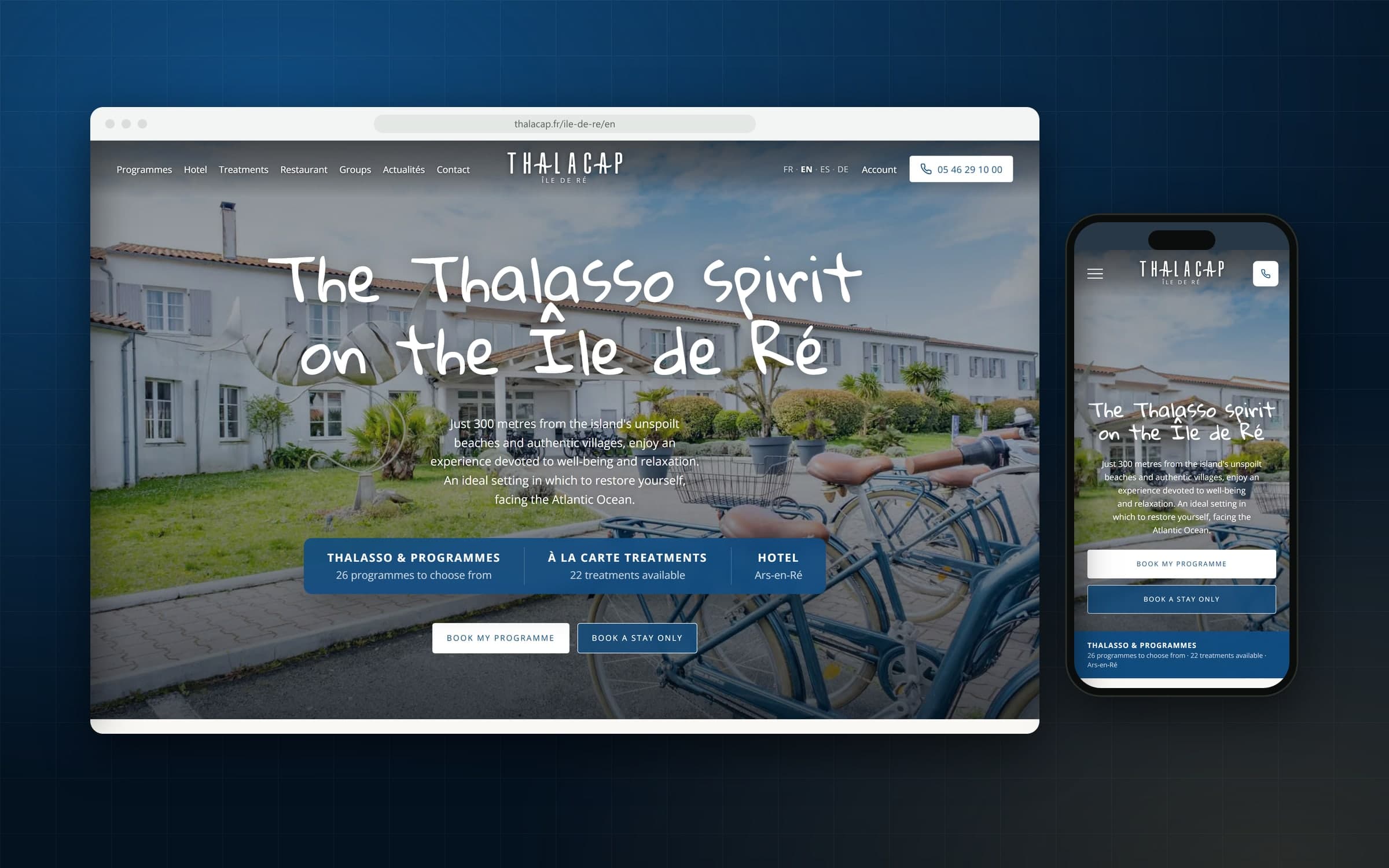 Thalacap Île de Ré en anglais, « The Thalasso spirit on the Île de Ré », sur ordinateur et sur mobile