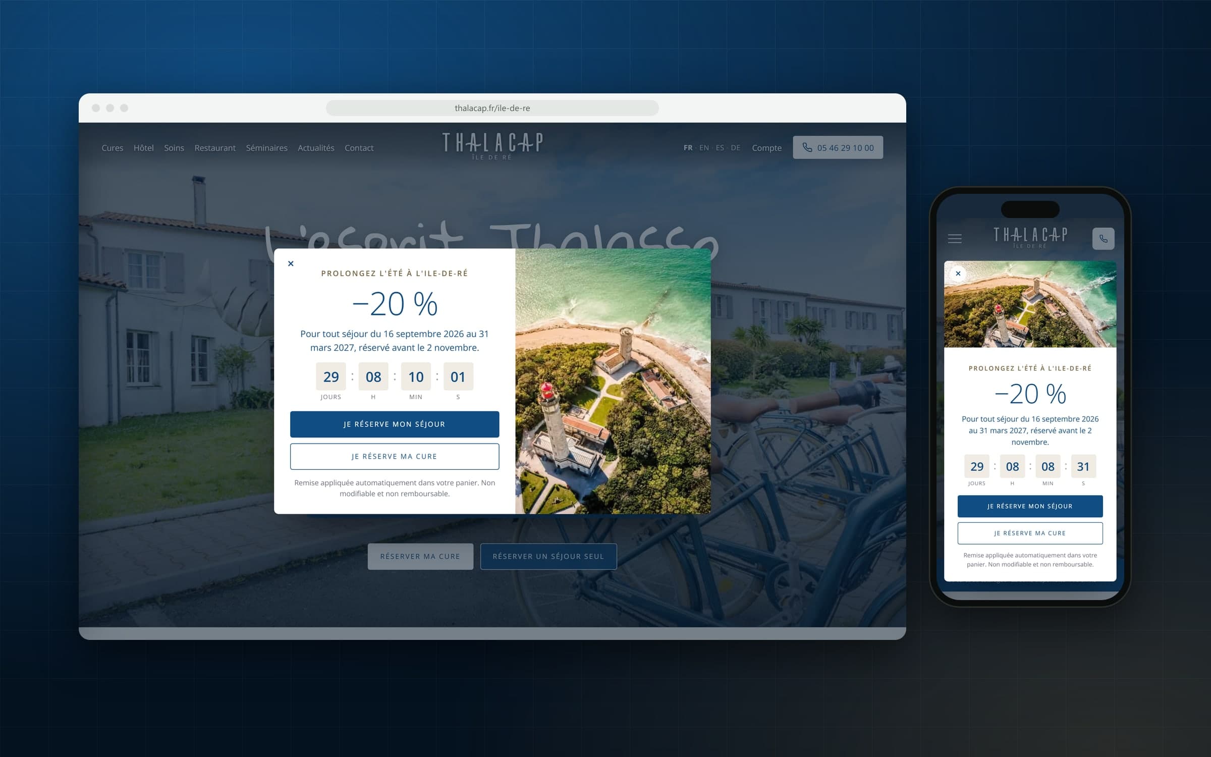 Offre de saison Thalacap Île de Ré, −20 % avec compte à rebours, sur ordinateur et sur mobile