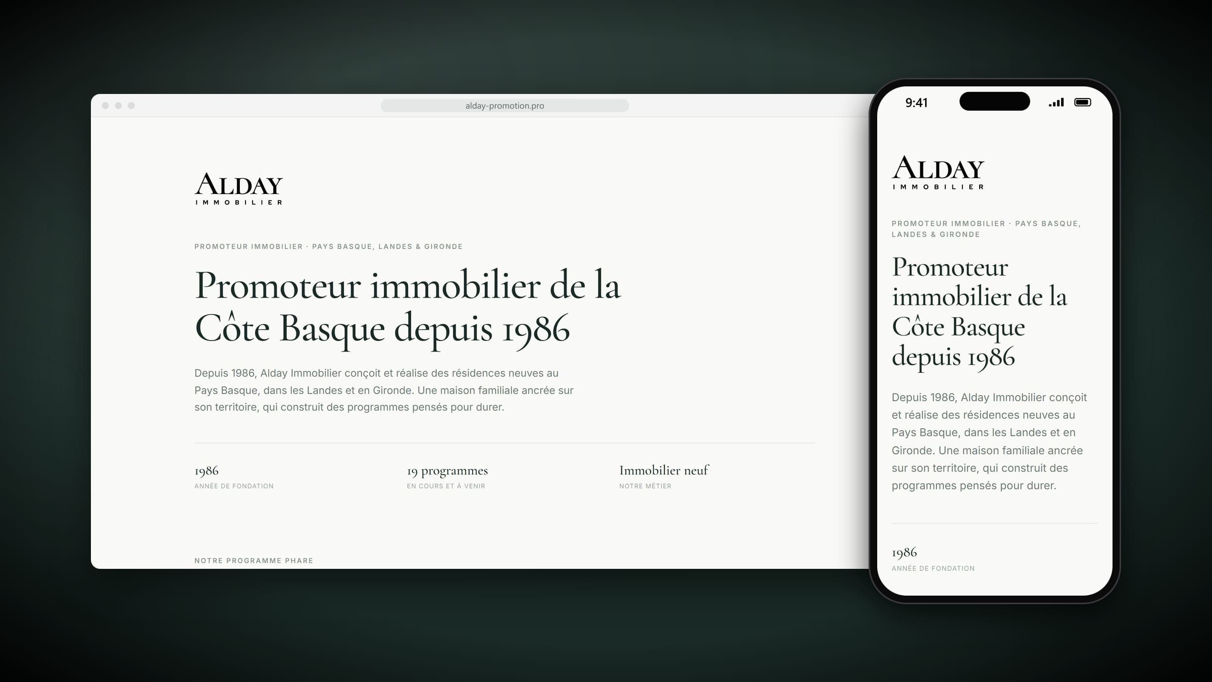 Accueil du site d'Alday Immobilier sur ordinateur et sur mobile : « Promoteur immobilier de la Côte Basque depuis 1986 »