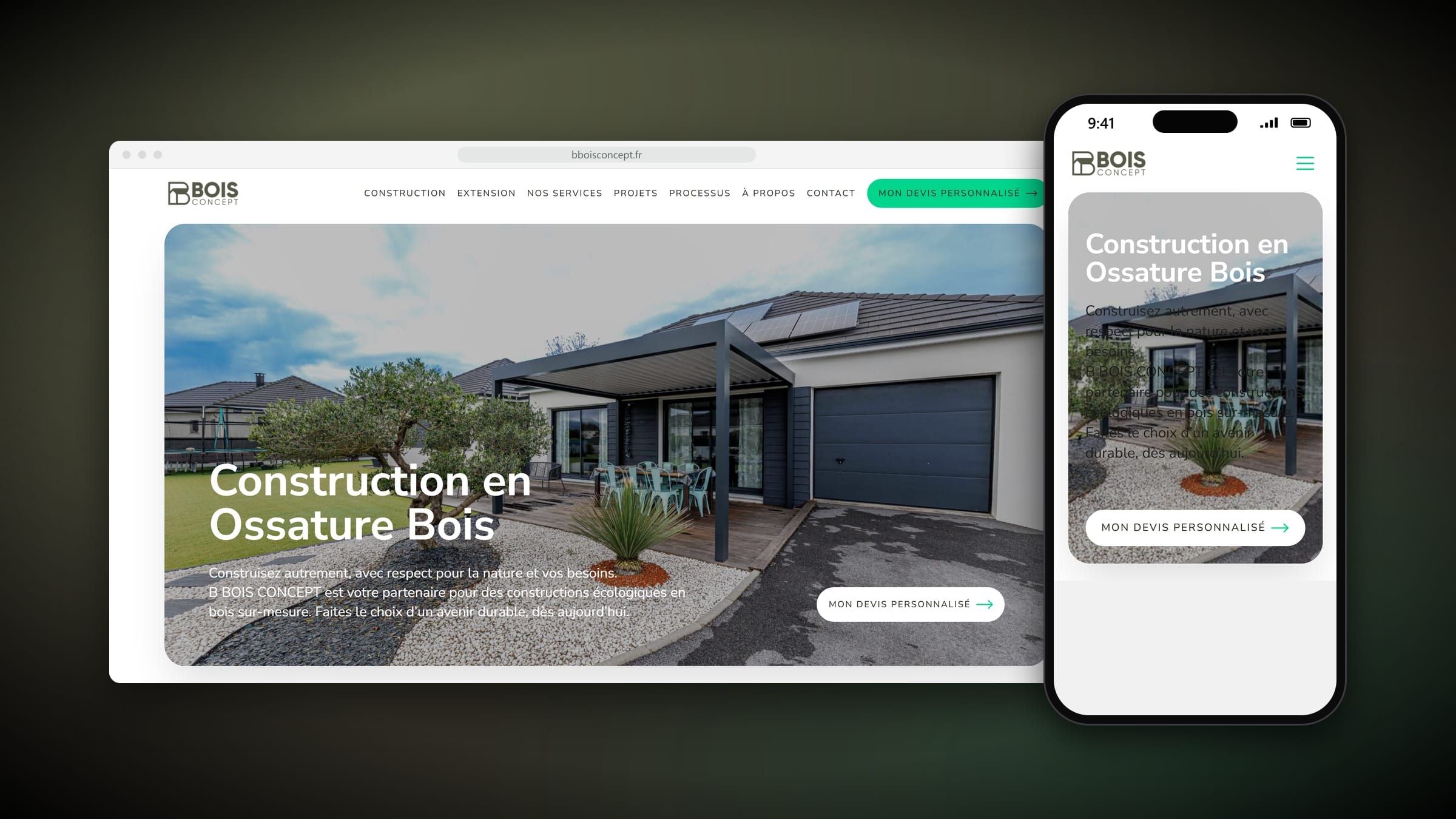 Accueil du site de B Bois Concept : « Construction en ossature bois » sur la photo d'une maison avec pergola