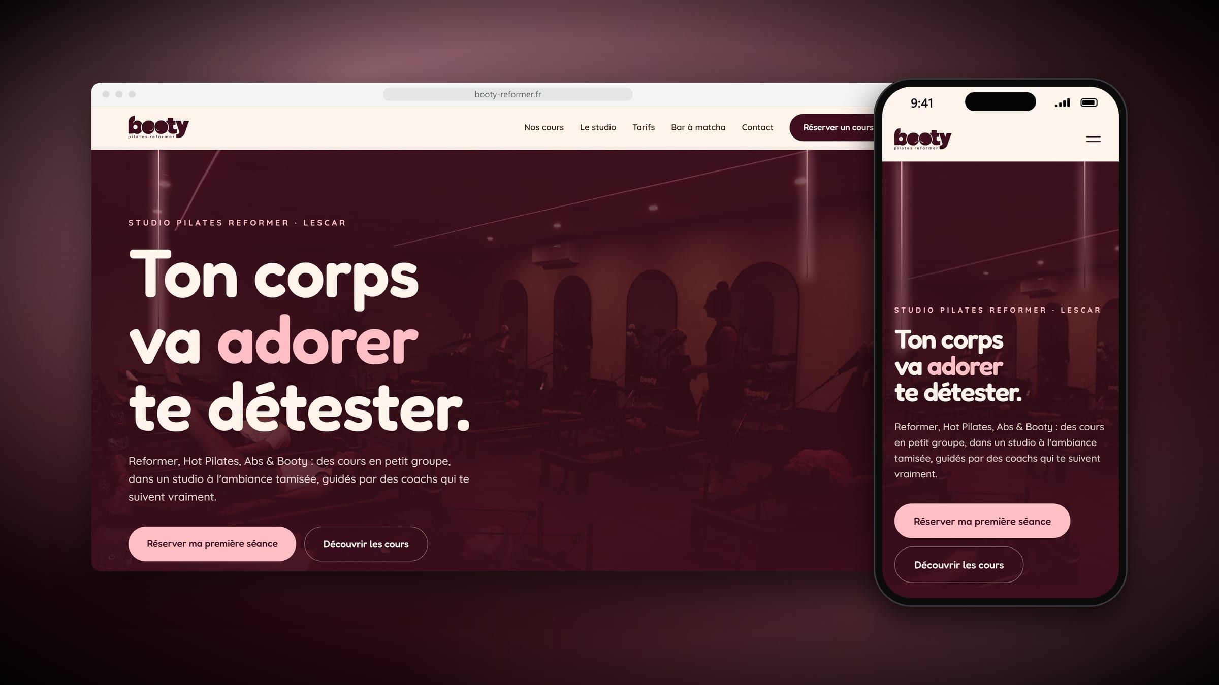 Accueil du site de Booty Pilates Reformer : « Ton corps va adorer te détester » sur la photo du studio de Lescar