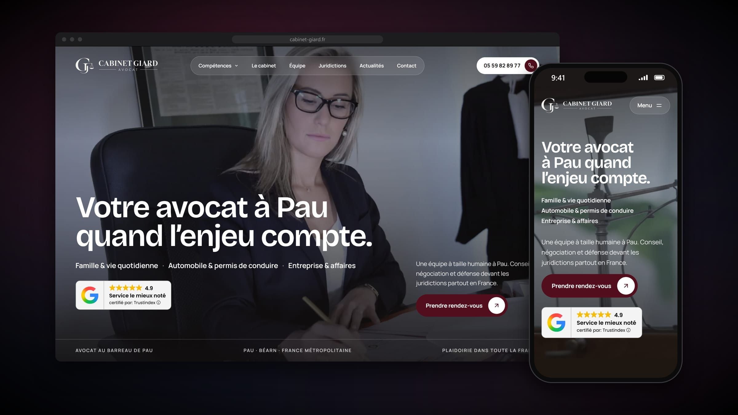Accueil du site du Cabinet Giard : « Votre avocat quand l'enjeu compte », une avocate gravit les marches d'un palais de justice
