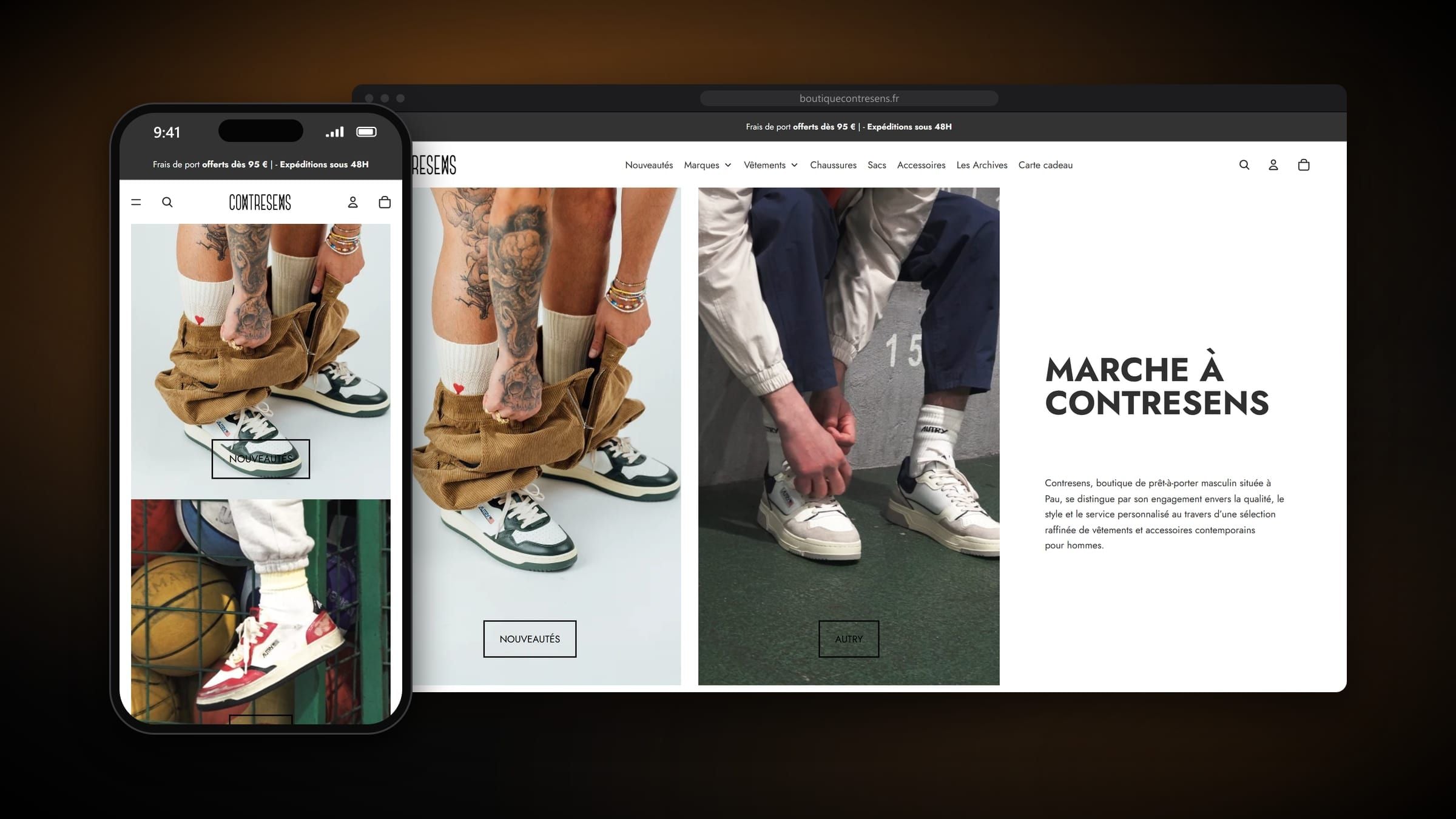Accueil de la boutique en ligne Contresens : « Marche à Contresens », baskets Autry aux pieds et à la main